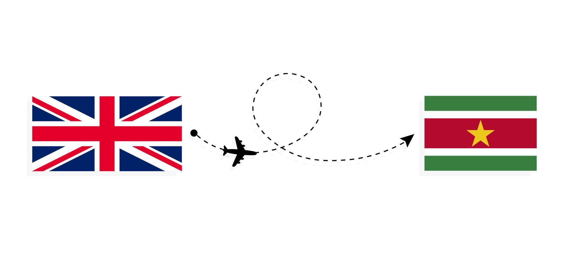 Flug und Reise von Großbritannien nach Surinam mit dem Reisekonzept für Passagierflugzeuge vektor