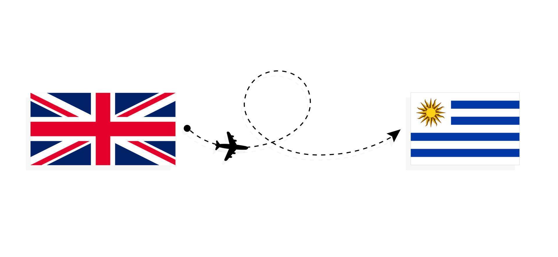 Flug und Reise von Großbritannien nach Uruguay mit dem Reisekonzept für Passagierflugzeuge vektor