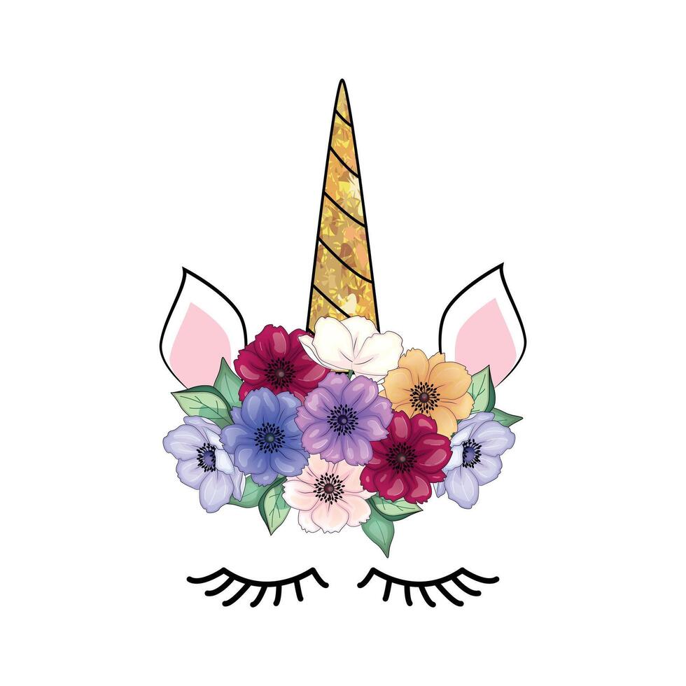 süß Einhorn mit Blumen- Kranz und Gold funkeln Horn. Hand gezeichnet Illustration vektor