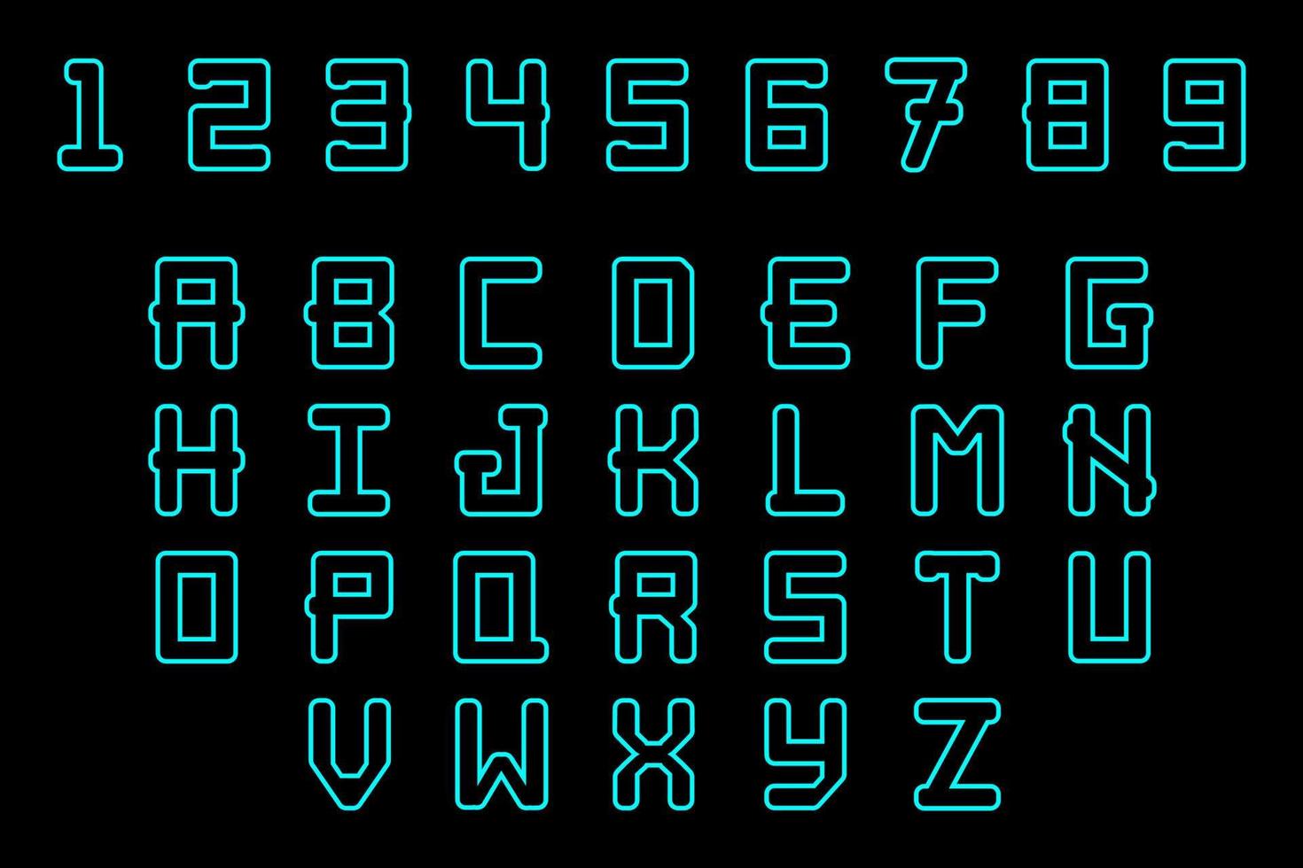 moderne Umrisskonturbuchstaben. einfache linie kunst alphabet abs zeichen mit blauer dünner linie. Hi-Tech-Designnummern und Großbuchstaben vektor