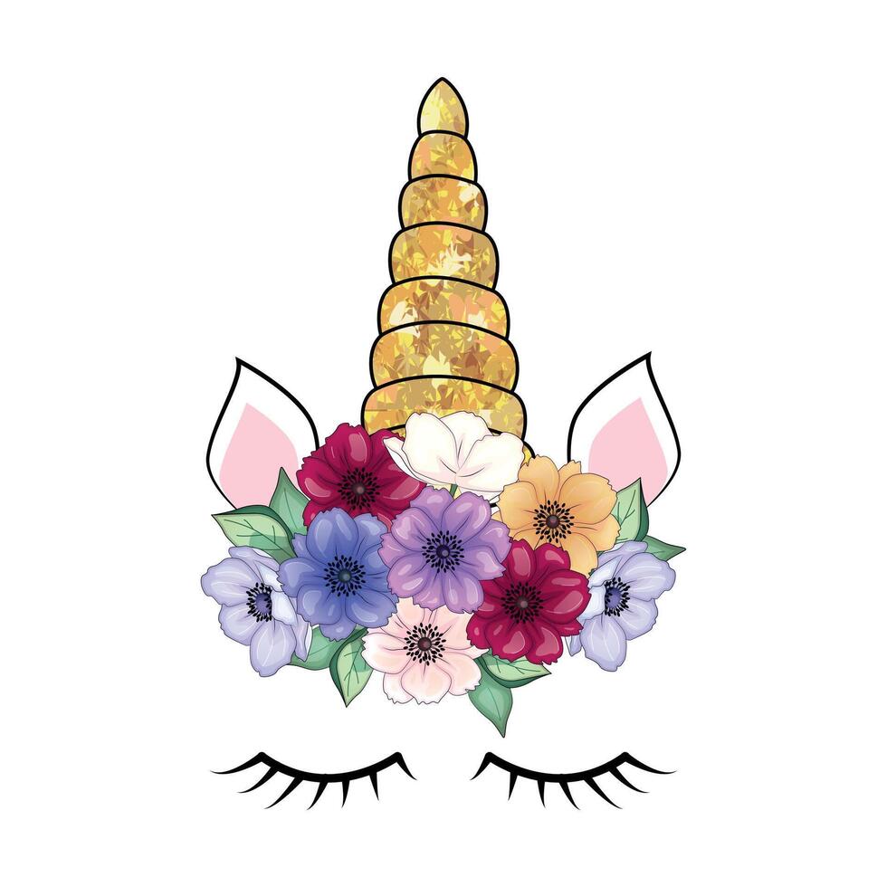 süß Einhorn mit Blumen- Kranz und Gold funkeln Horn. Hand gezeichnet Illustration vektor