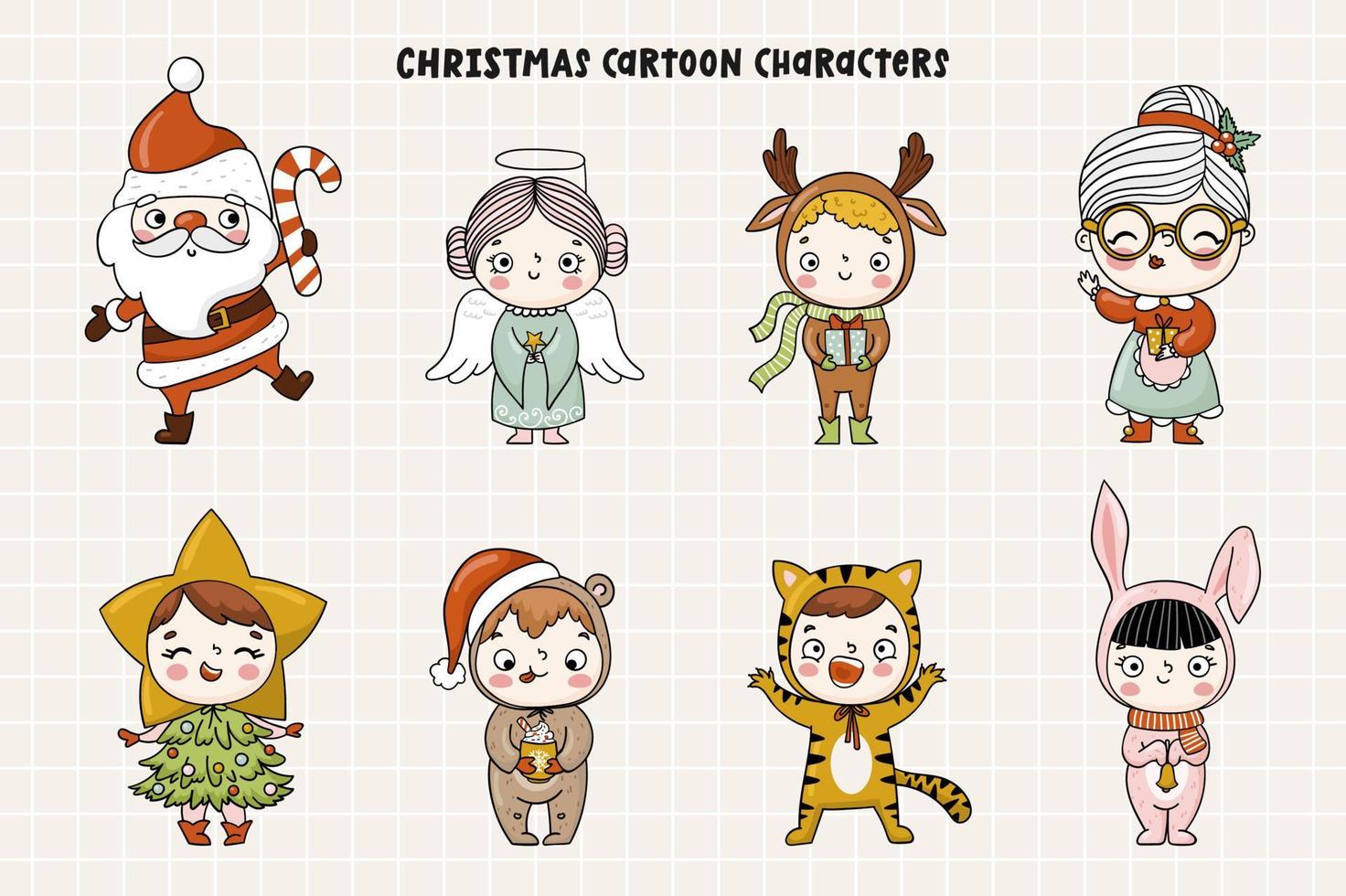 Weihnachtszeichentrickfiguren im handgezeichneten Stil. lustige kinderillustrationen vektor