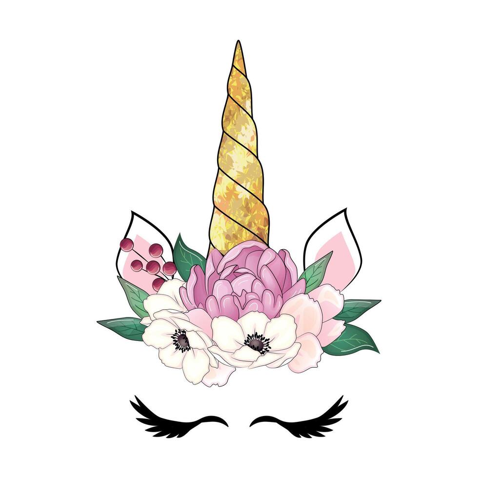 süß Einhorn mit Blumen- Kranz und Gold funkeln Horn. Hand gezeichnet Illustration vektor