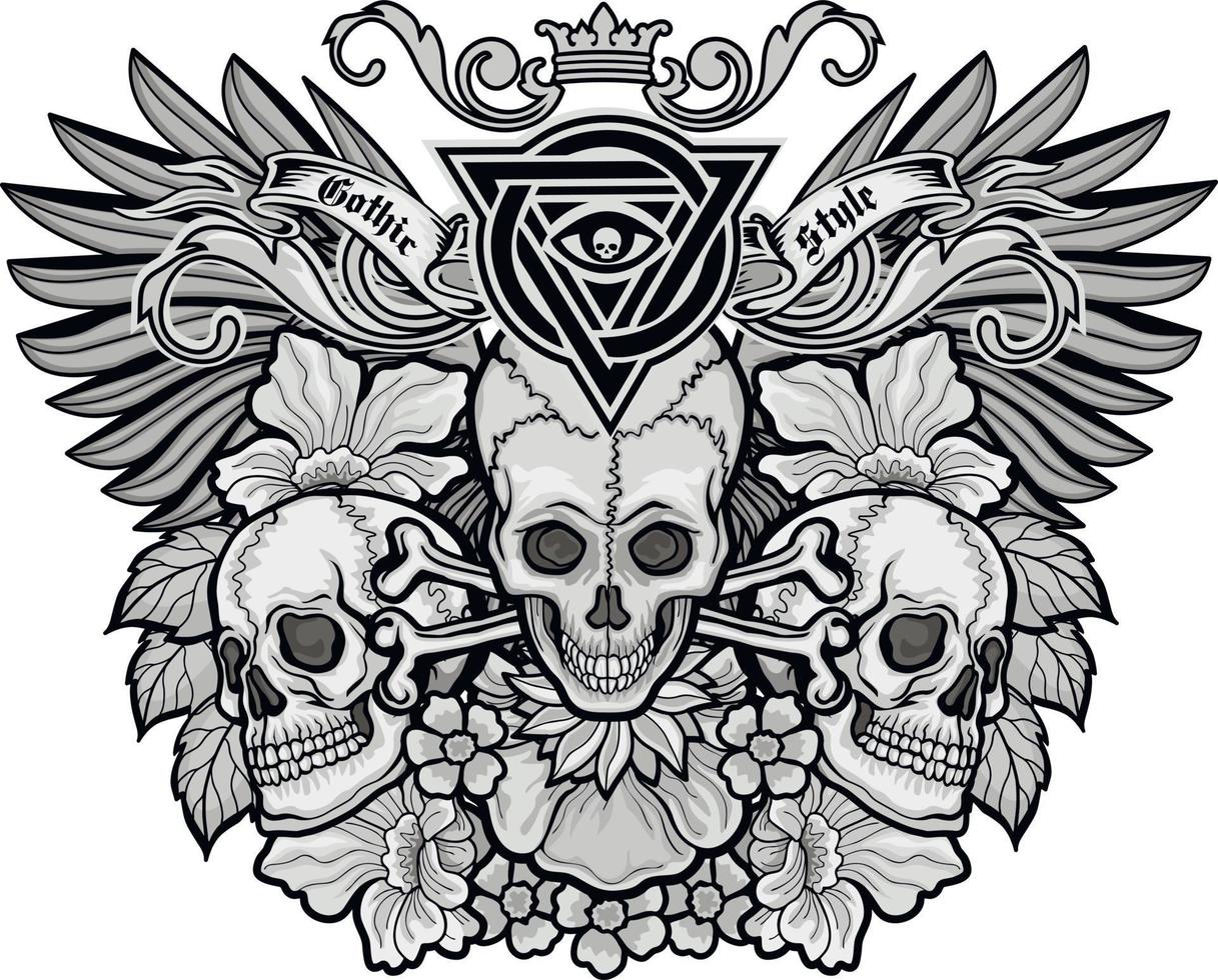gotisk skylt med skalle och blommor, grunge vintage design t-shirts vektor