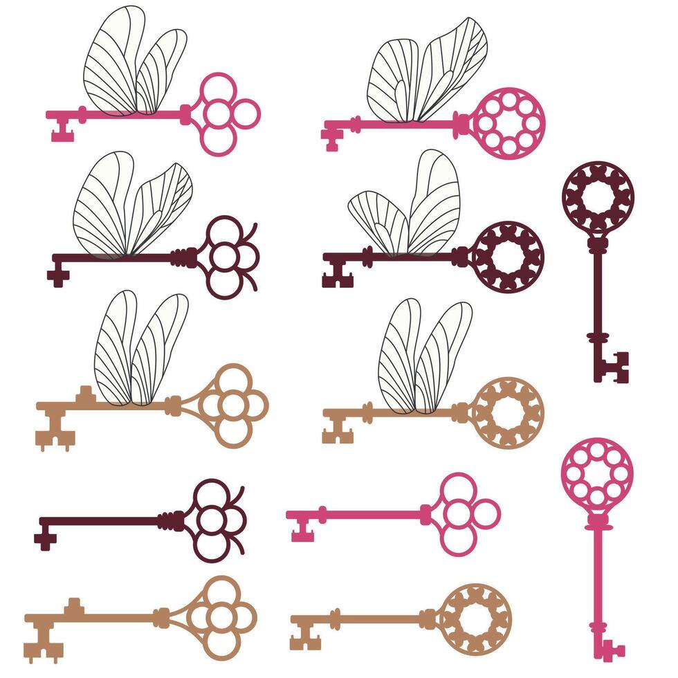 årgång platt illustration med en uppsättning av tecknad serie nycklar. samling av antik nycklar med vingar. Hem säkerhet vektor