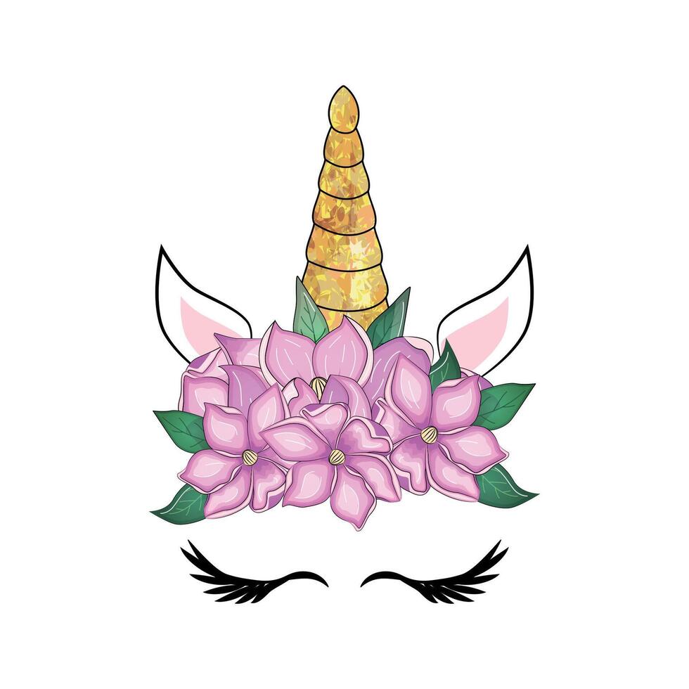 süß Einhorn mit Blumen- Kranz und Gold funkeln Horn. Hand gezeichnet Illustration vektor