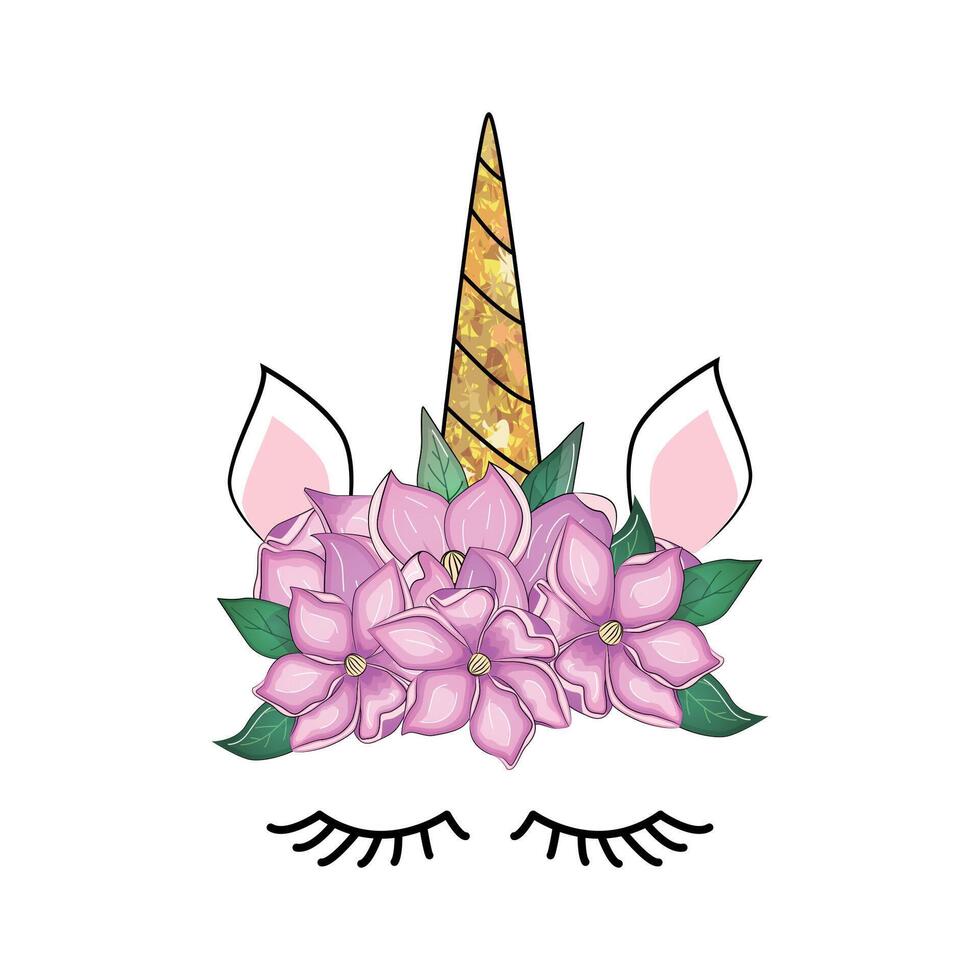 süß Einhorn mit Blumen- Kranz und Gold funkeln Horn. Hand gezeichnet Illustration vektor