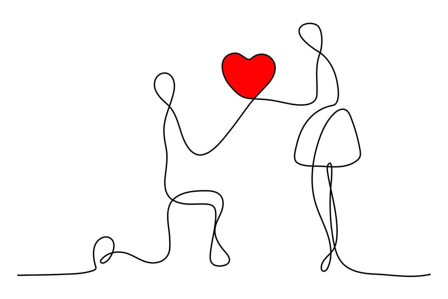 durchgehende Strichzeichnung Vektor-Illustration. Männer knien nieder, um Herzen zu geben und Frauen Silhouette auf weißem Hintergrund zu überraschen. vektor