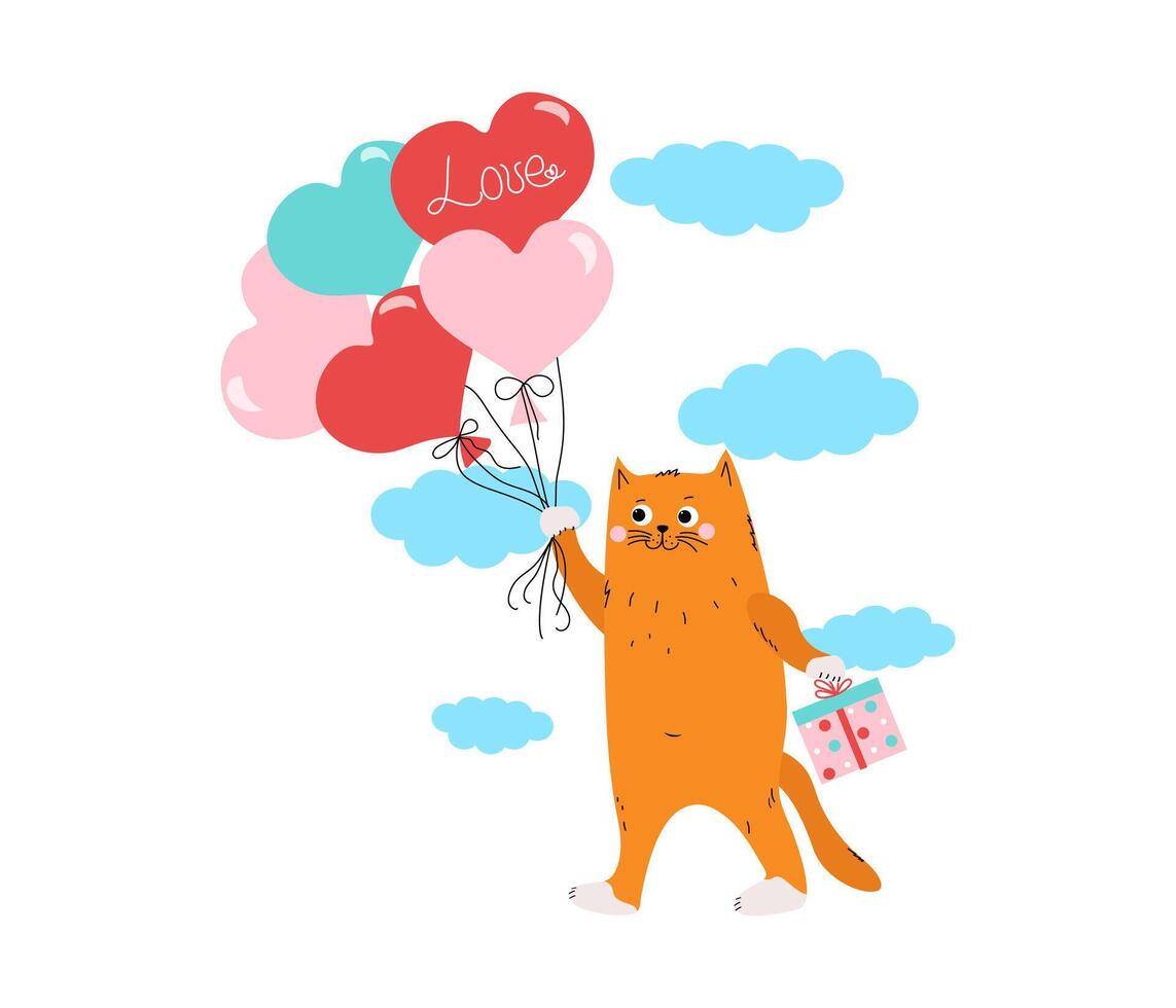 tecknad serie söt katt med en gåva låda flugor på hjärtformade ballonger. röd kattunge. inskrift, de ord kärlek. kort design för bröllop, födelsedag, hjärtans dag. illustration. vektor