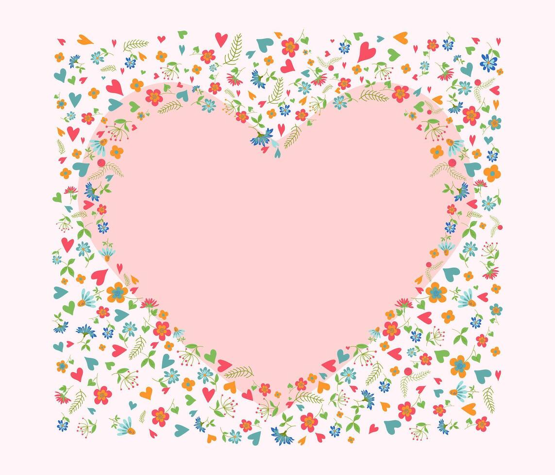 ram, blommor, hjärta form. för vykort, bröllop. blommor, löv och hjärtan. illustration. vektor