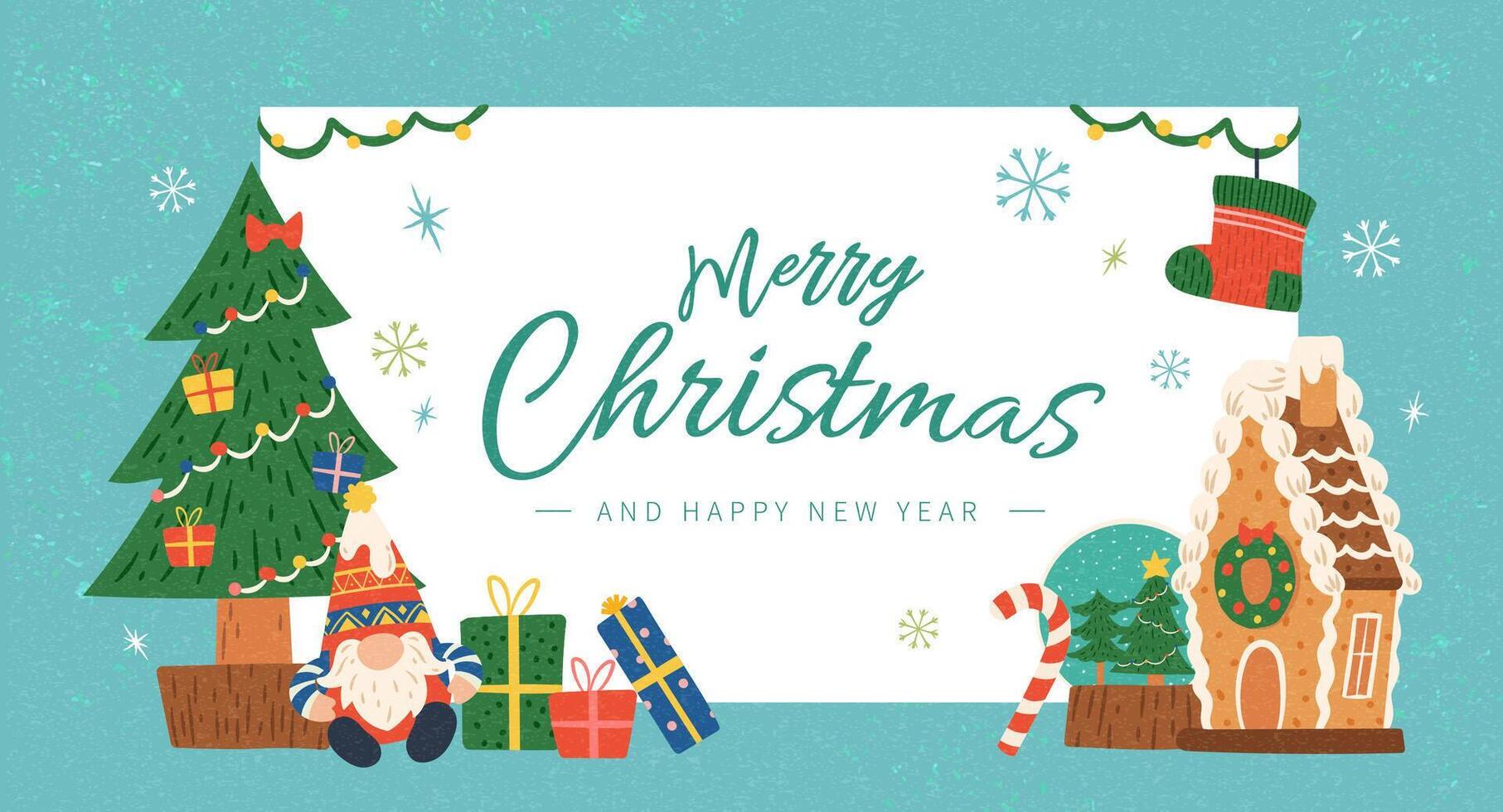 hand dragen glad jul kort. jul Semester baner med pepparkaka hus, xmas träd, santa docka och gåvor på grön ram. vektor
