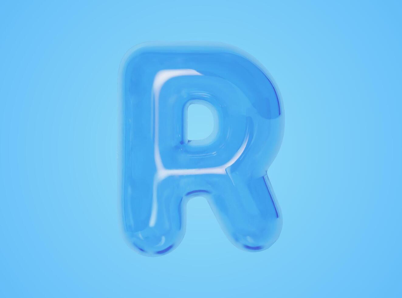 3d Illustration von glänzend transparent Großbuchstaben Brief r Ballon, isoliert auf Blau Hintergrund. vektor