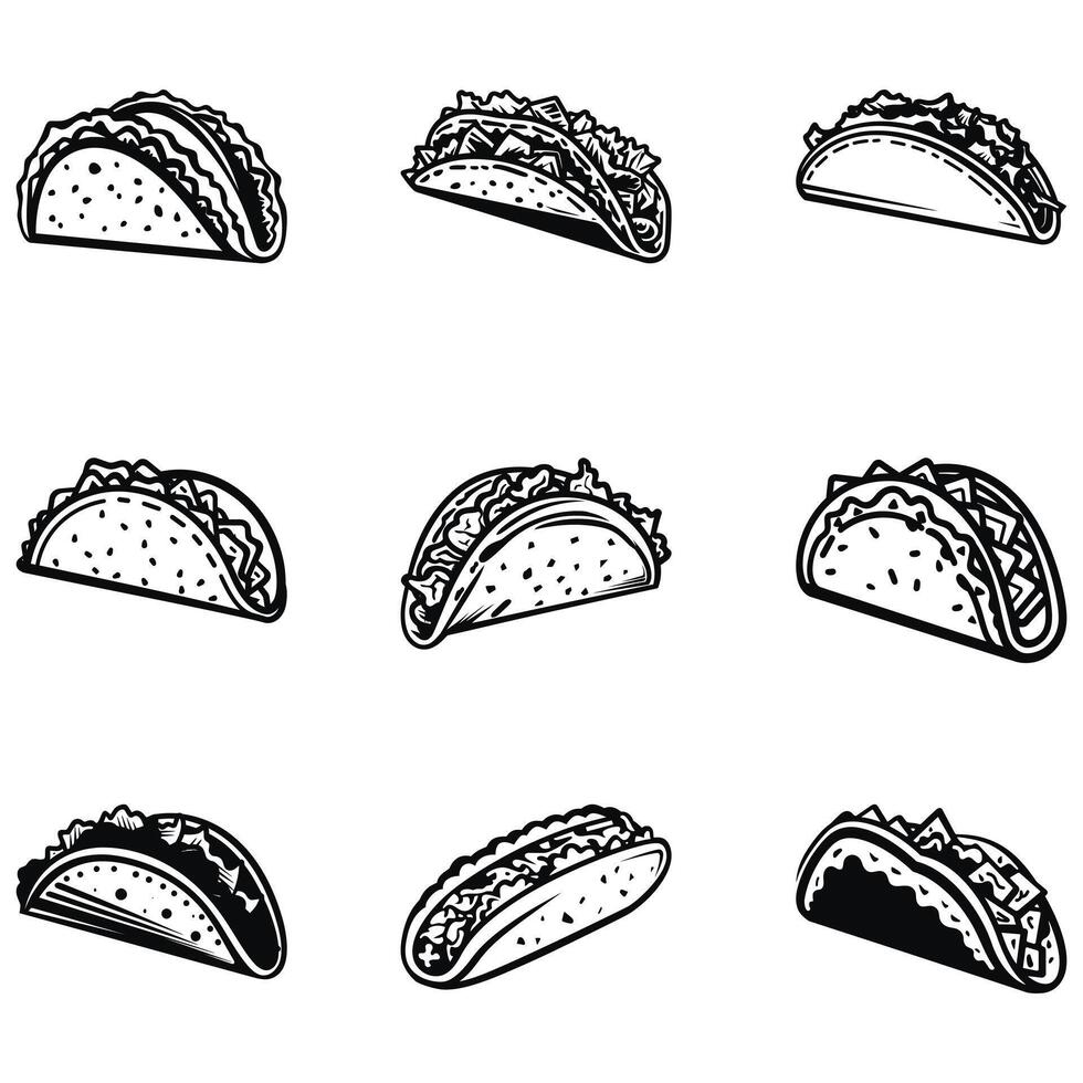 brutzelnd Taco Freuden dynamisch Silhouette einstellen zum Essen Liebhaber vektor