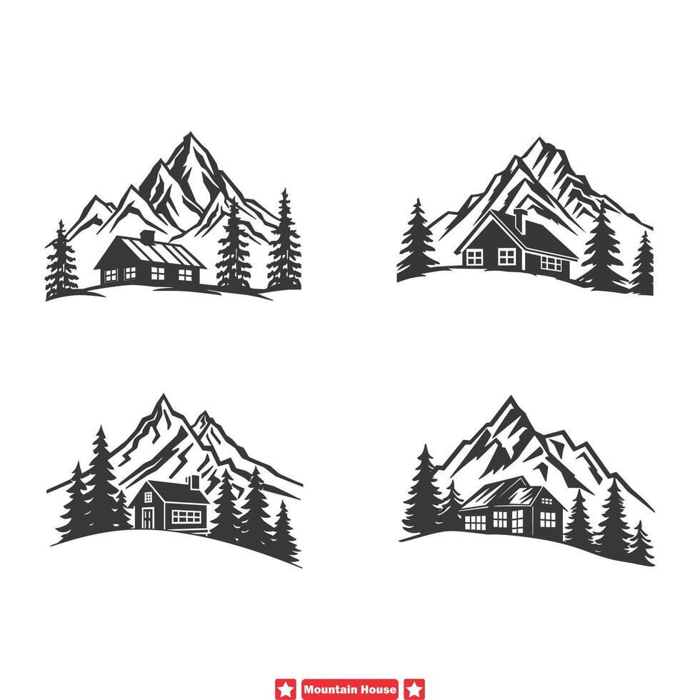 berg stuga serenad pittoresk hus silhuetter uppsättning mot majestätisk alpina bakgrunder konst vektor