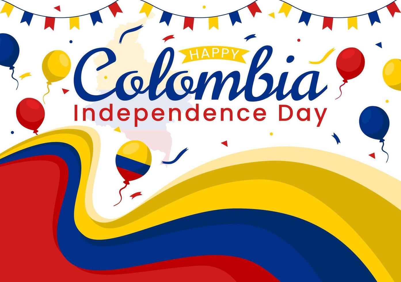 Lycklig colombia oberoende dag illustration på 20 juli med vinka flagga och band i nationell Semester firande platt tecknad serie bakgrund vektor