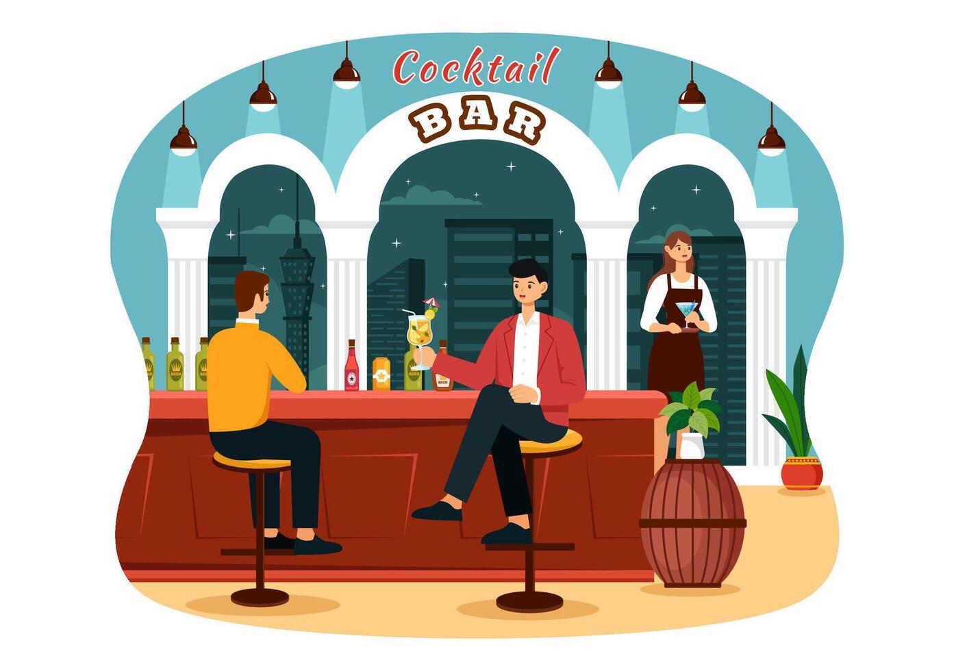 Cocktail Bar oder Nachtclub Illustration von freunde hängend aus mit alkoholisch Obst Saft Getränke oder Cocktails im eben Karikatur Hintergrund vektor