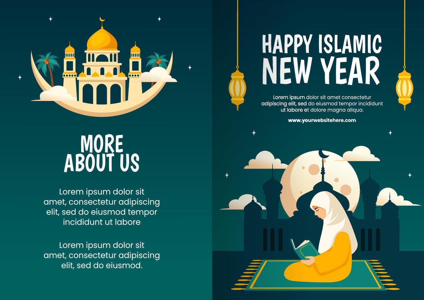 islamisch Neu Jahr Broschüre eben Karikatur Hand gezeichnet Vorlagen Hintergrund Illustration vektor