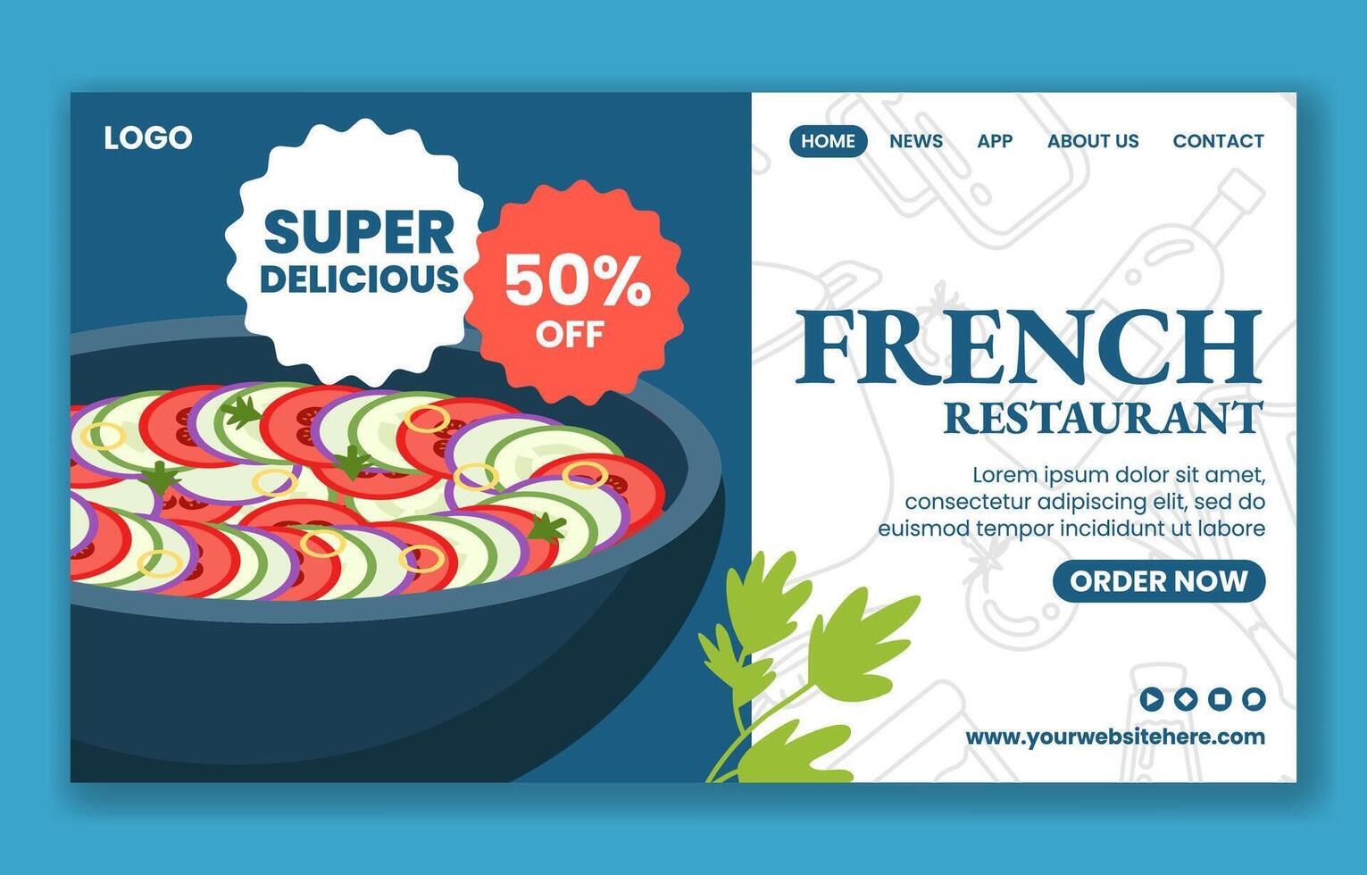 franska restaurang social media landning sida tecknad serie hand dragen mallar bakgrund illustration vektor