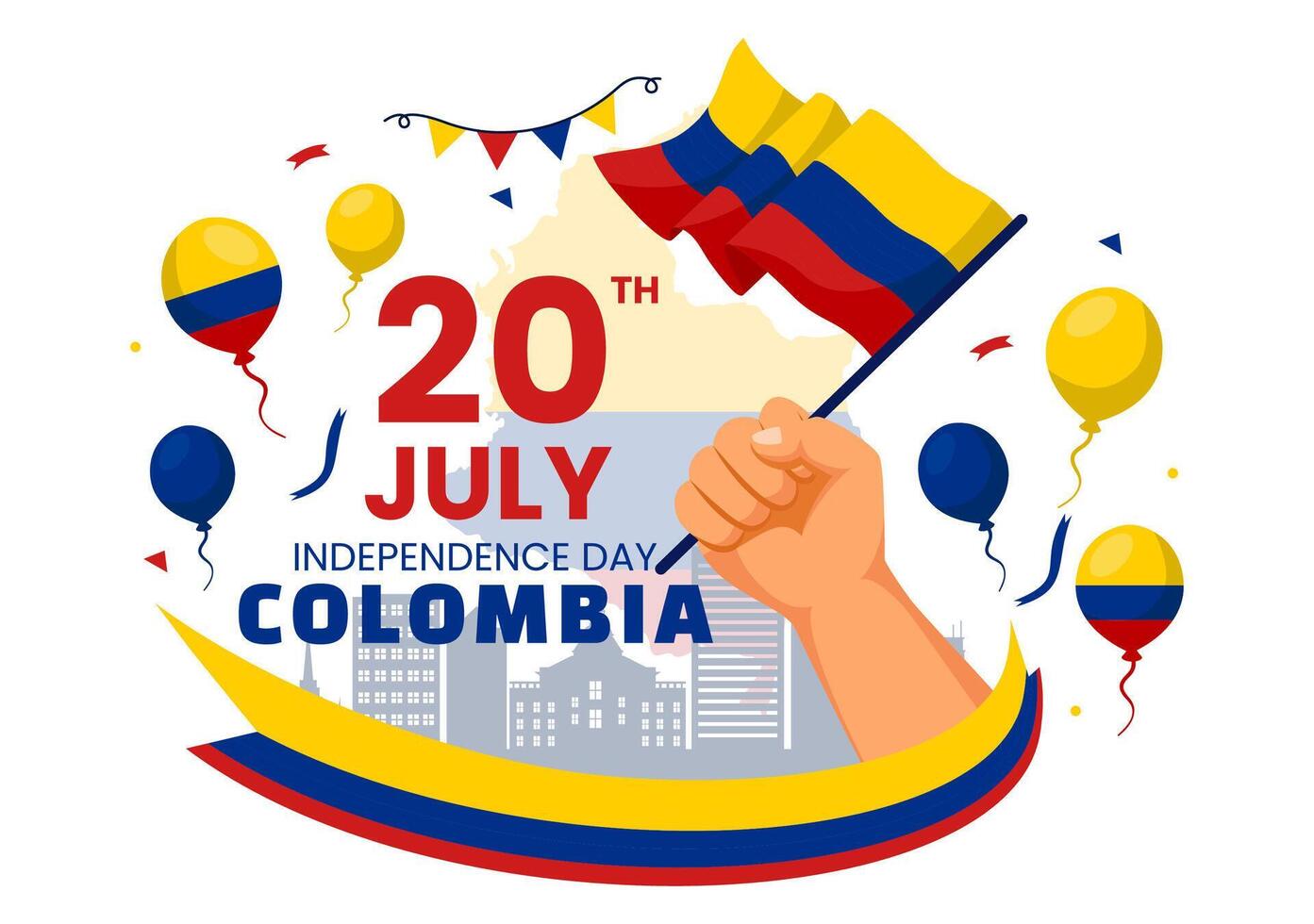 Lycklig colombia oberoende dag illustration på 20 juli med vinka flagga och band i nationell Semester firande platt tecknad serie bakgrund vektor