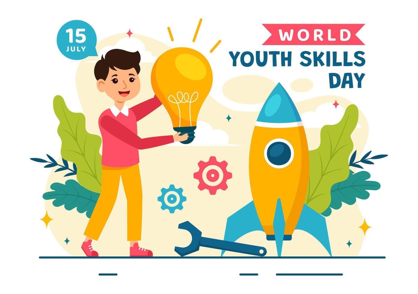 värld ungdom Kompetens dag illustration av människor med Kompetens för olika sysselsättning och företagande i platt barn tecknad serie bakgrund design vektor