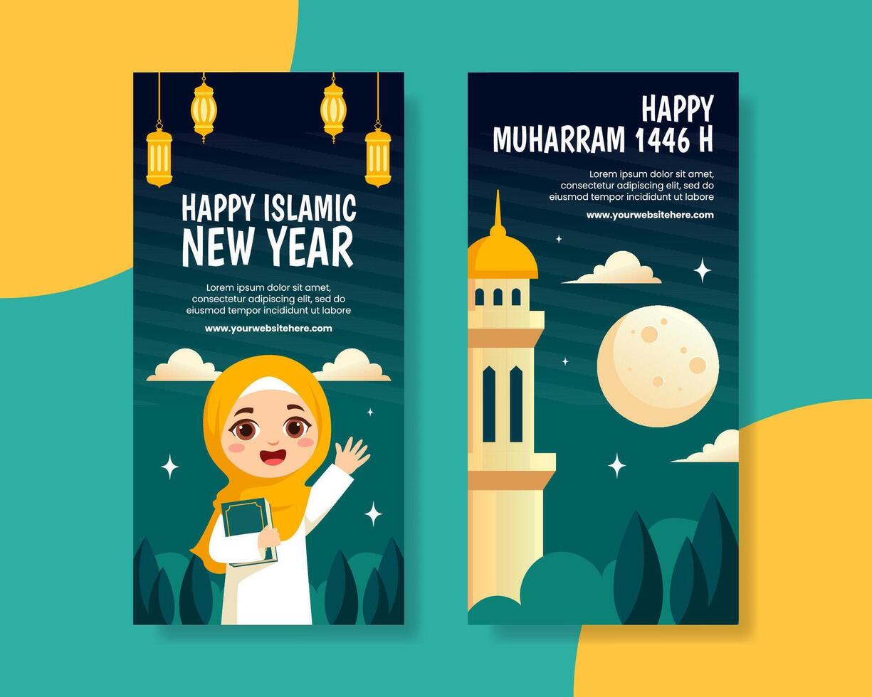 islamic ny år vertikal baner platt tecknad serie hand dragen mallar bakgrund illustration vektor