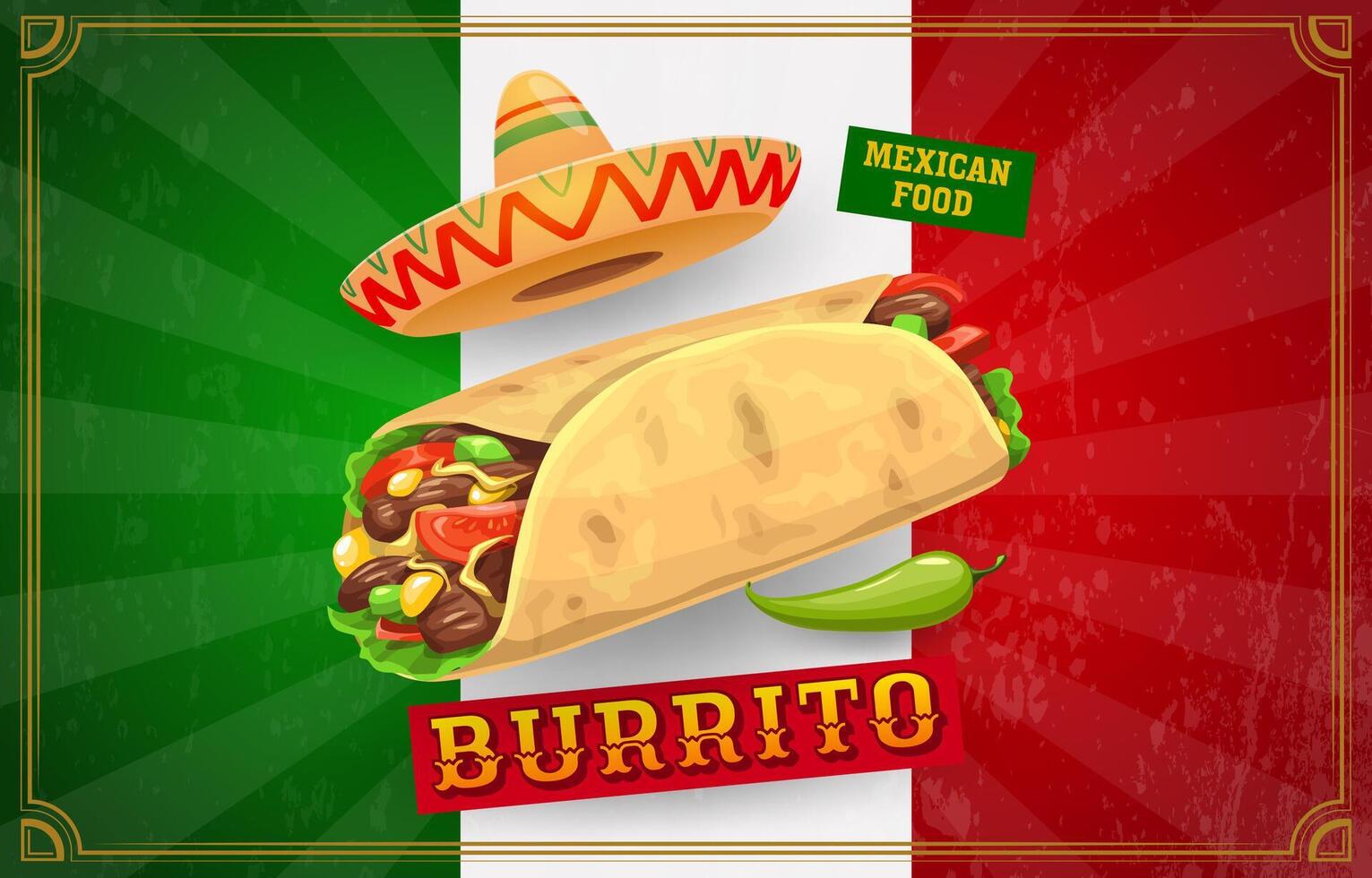 Mexikaner Küche Burritos, National Flagge, Sombrero vektor
