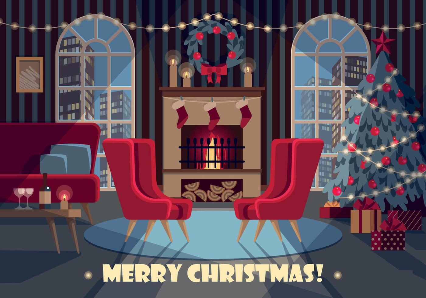 hälsning kort med jul mysigt interiör i röd och blå färger vektor