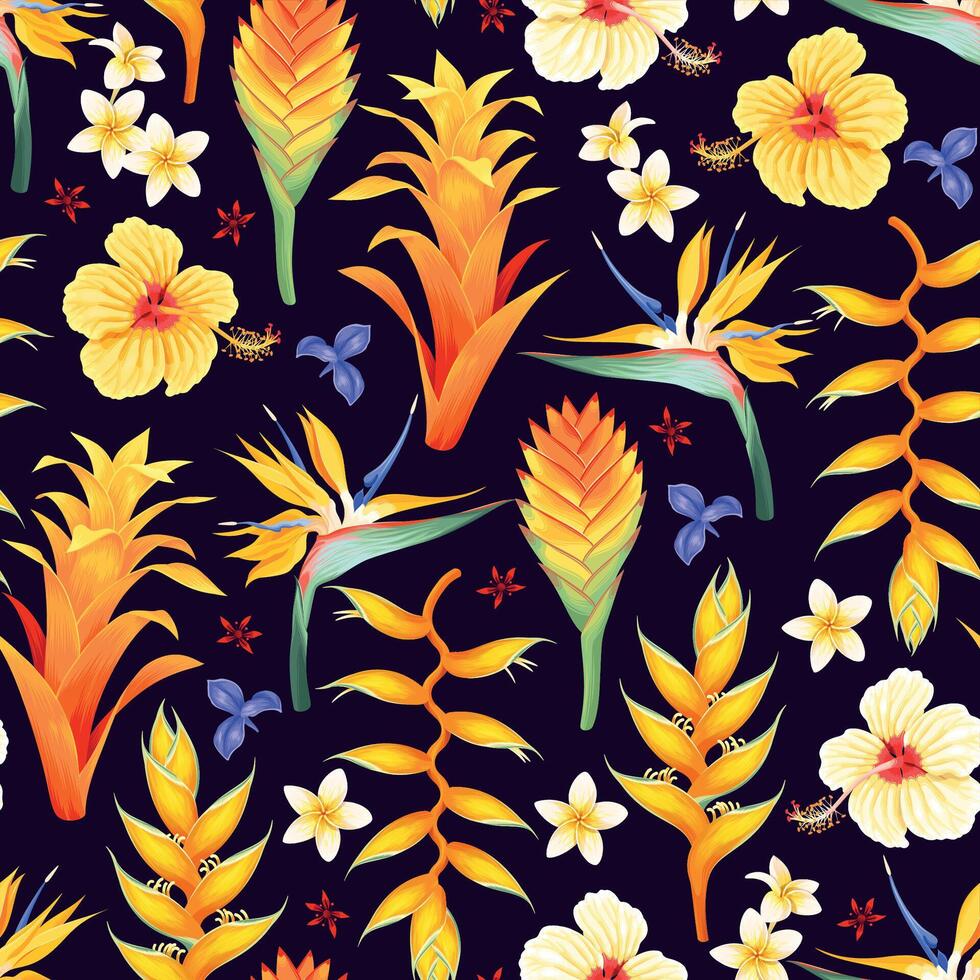 sömlös mönster med gul och blå exotisk blommor vektor