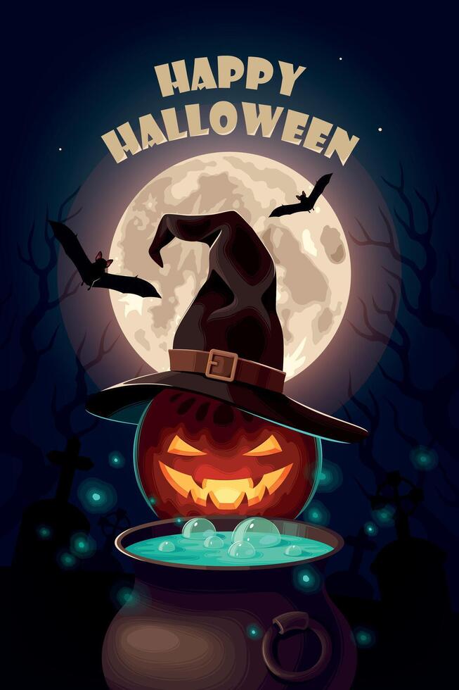 Lycklig halloween affisch med måne och pumpa vektor