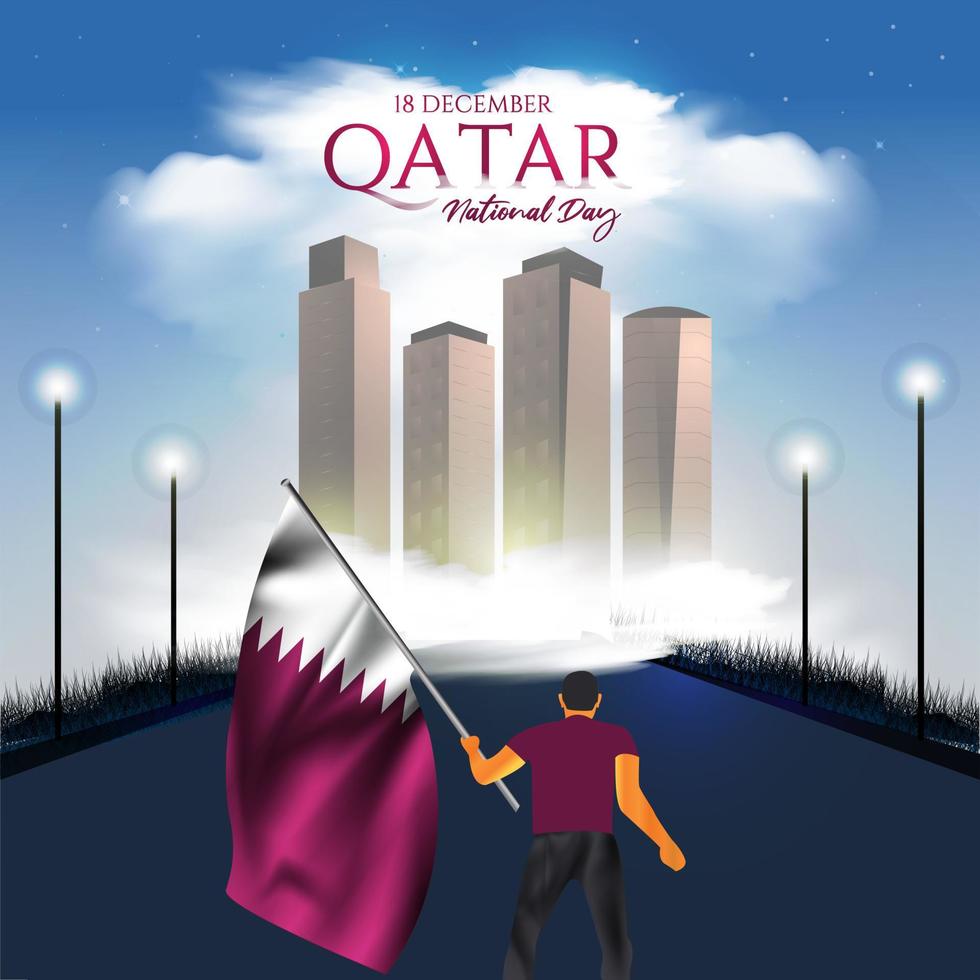 Katar Nationalfeiertag mit Wahrzeichen und Flagge in arabischer Übersetzung, Katar Nationalfeiertag 18. Dezember. Vektor-Illustration vektor