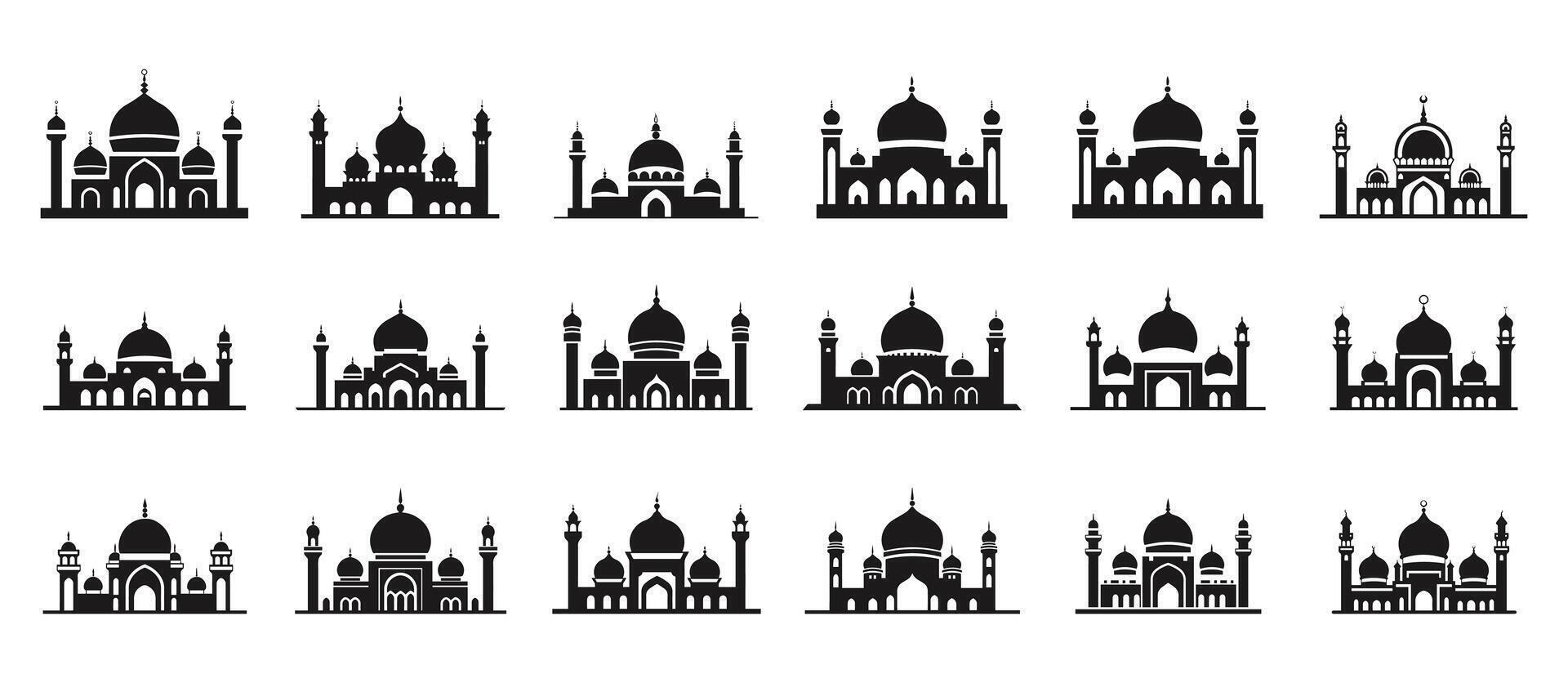 uppsättning av islamic byggnad silhuett. moskéer. illustration. vektor