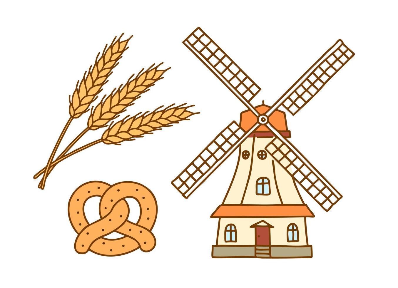 Brot backen. Mühle, Brot, Weizen. vektor hand zeichnen satz von illustrationen