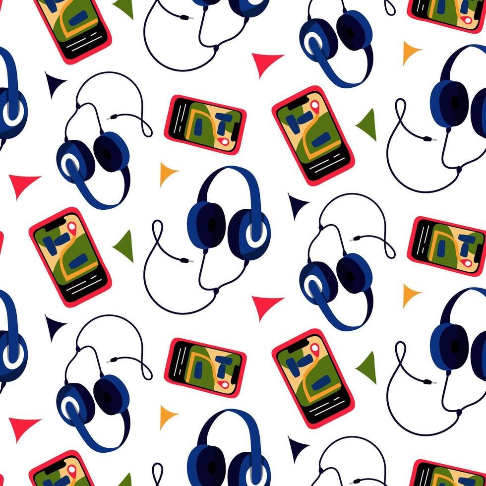 mönster är hörlurar på en tråd, en telefon med en kort. resa med musik. illustration i en platt stil, upprepa på en vit bakgrund. blå trådbunden hörlurar, rosa telefon, upprepa på en vit vektor