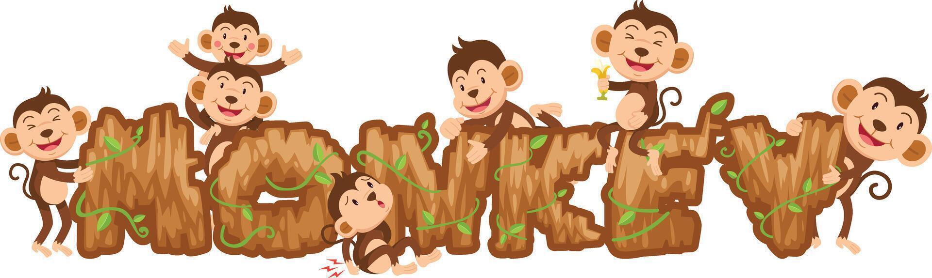 Gruppe von Affen haben Spaß mit Brief Holz isoliert Illustration vektor