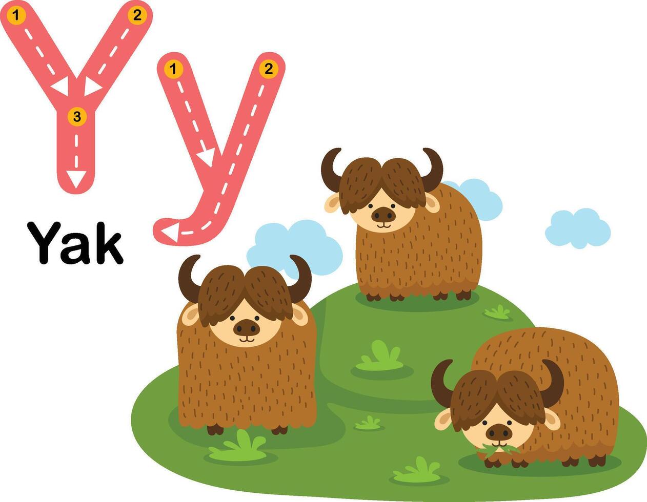 alfabet brev y-yak med tecknad serie ordförråd illustration, vektor