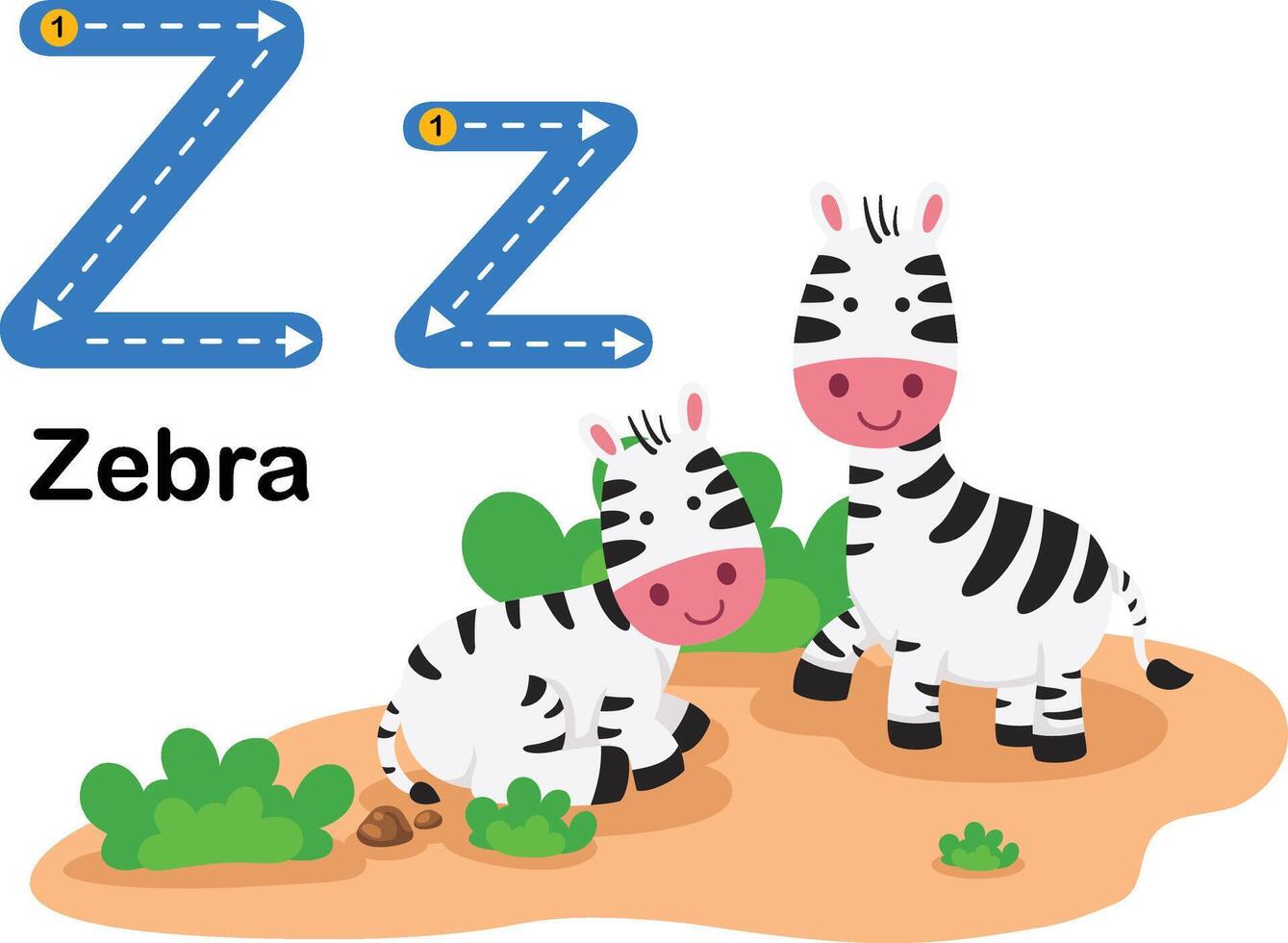 alfabet brev z-zebra med tecknad serie ordförråd illustration, vektor