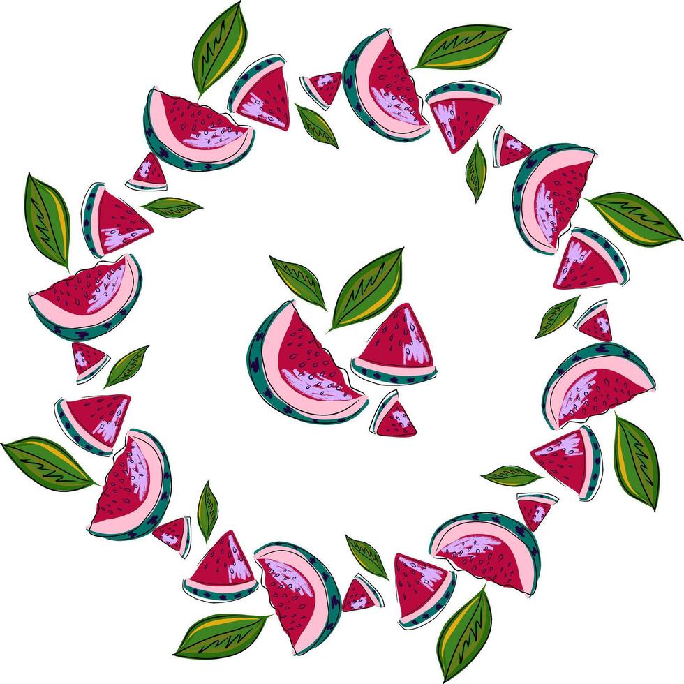 Wassermelone Scheiben im ein Kreis mit Blätter vektor