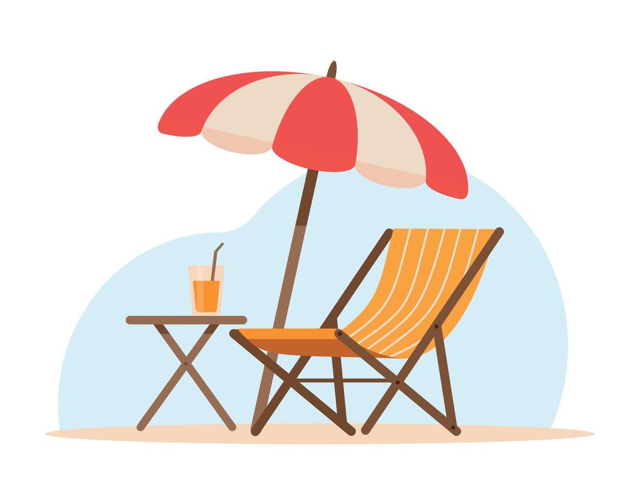 sommar uteplats möbel. restaurang eller Kafé trä- tabell med stol och strand paraply för Semester. vektor