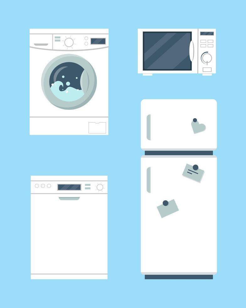 hushåll apparater uppsättning. kylskåp, tvättning maskin, diskmaskin maskin och mikrovågsugn på blå bakgrund. vektor