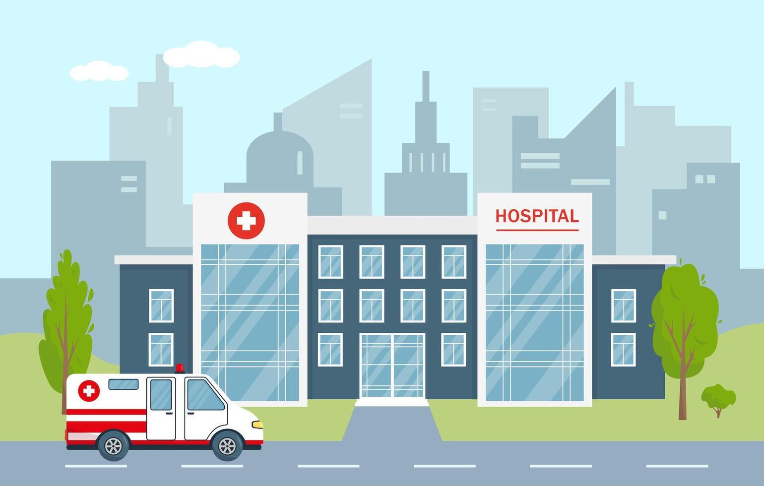 sjukhus byggnad och ambulans bil i stad. vektor