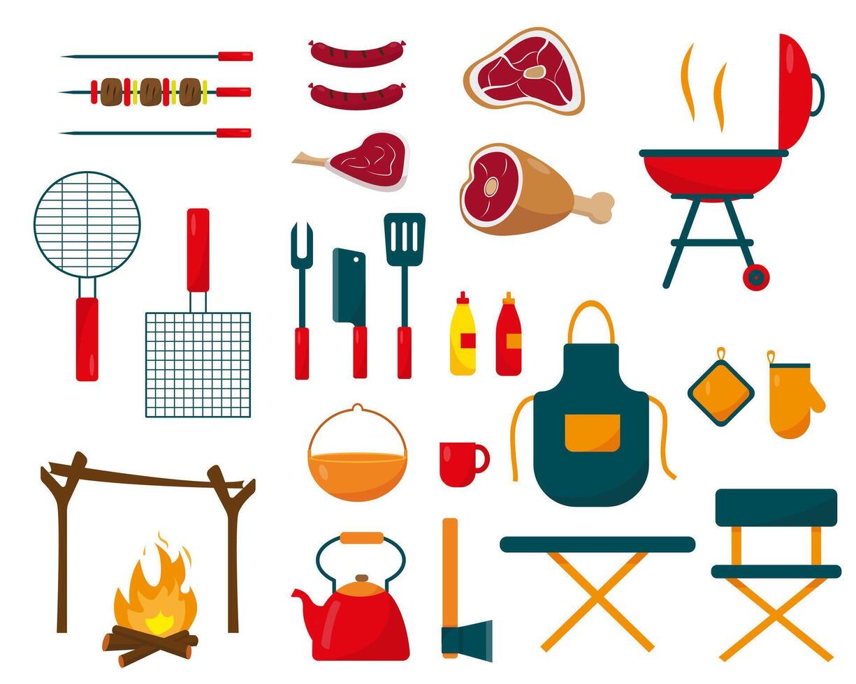 Camping und Grill einstellen auf Weiß Hintergrund. groß Sammlung von Elemente oder Symbole zum Sommer- urlaub oder Wochenende Konzept Design. vektor