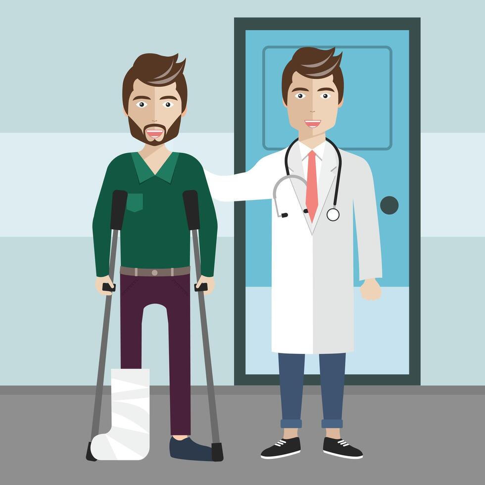 patient vård begrepp. läkare och läkt patient stående i främre av sjukhus. platt illustration vektor