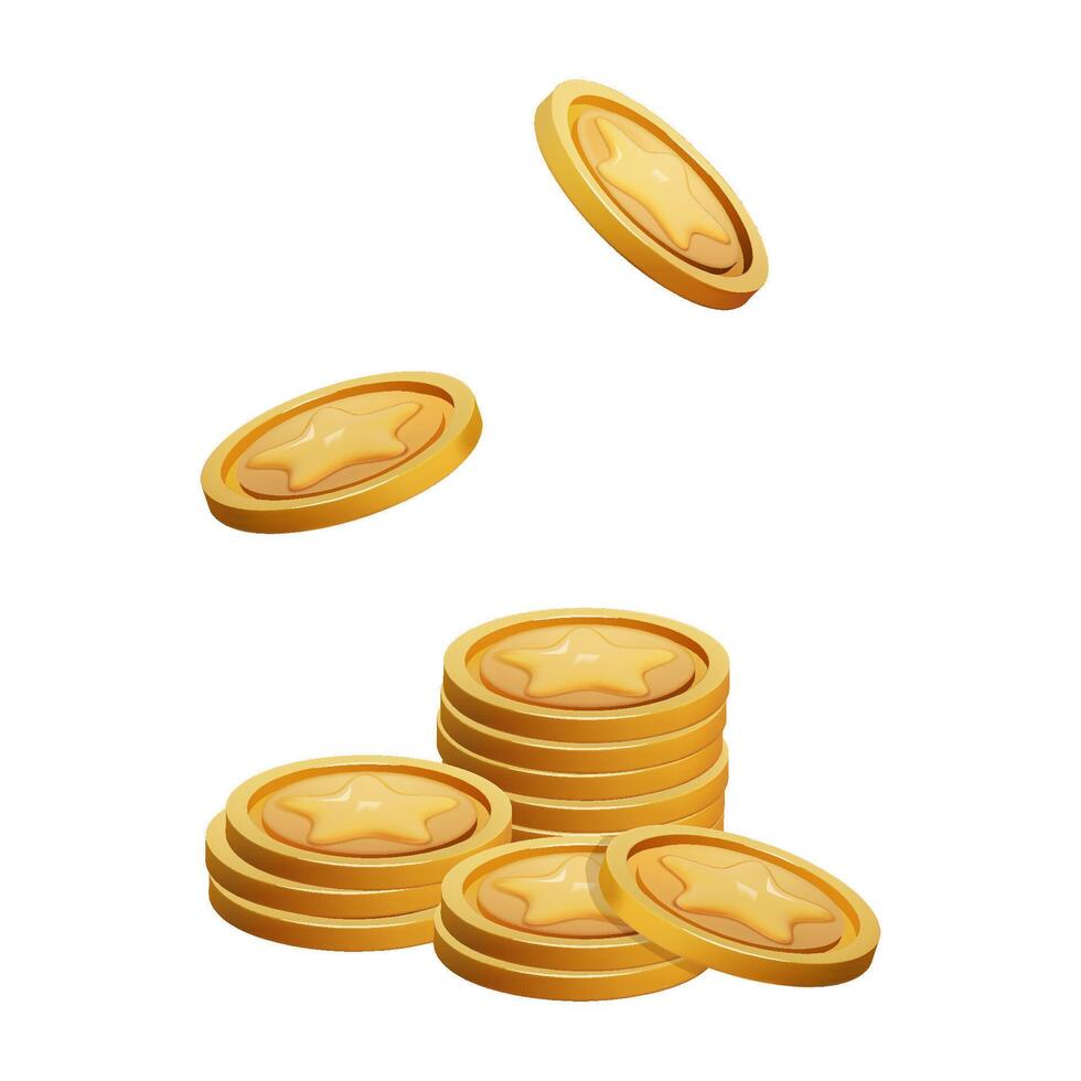 Gold Münze Stapel 3d machen isoliert. Spiel Geld auf Weiß Hintergrund. Münze mit Star zum Spiel Belohnung und Preis. 3d Illustration. vektor