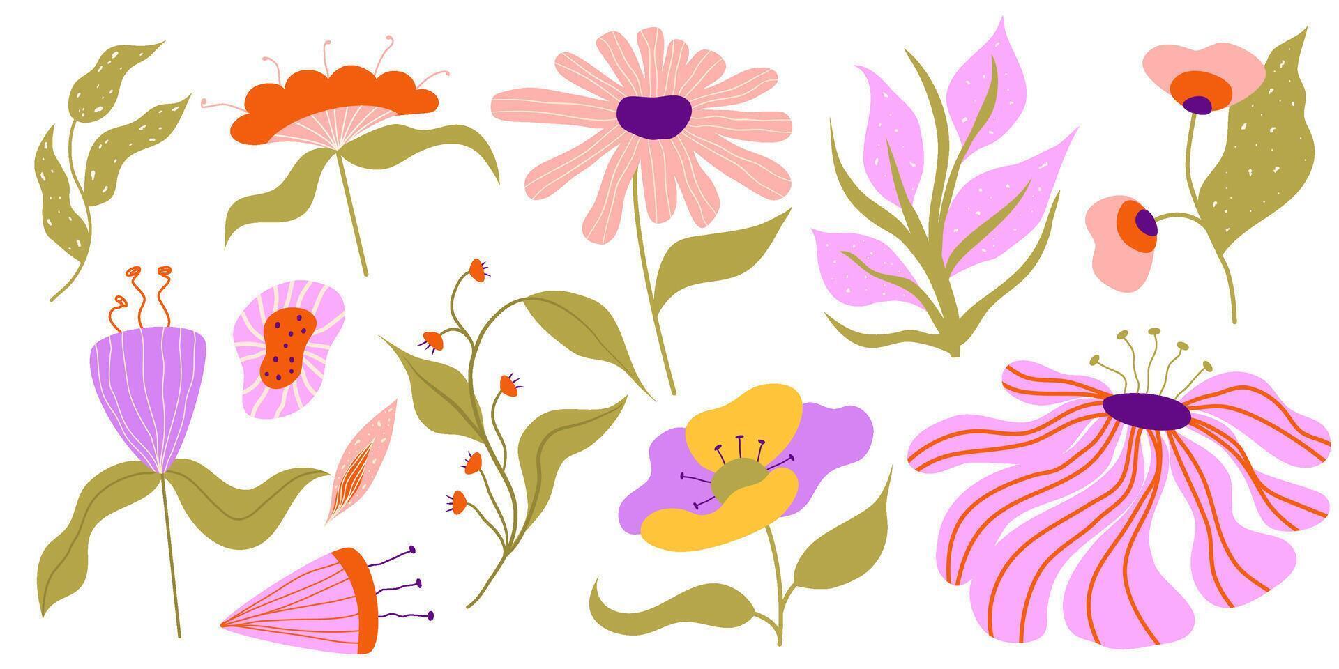 uppsättning av olika estetisk flora isolerat. blommor och löv mild pastell. platt illustration. estetisk hand dragen organisk växt lila och rosa Färg. vektor