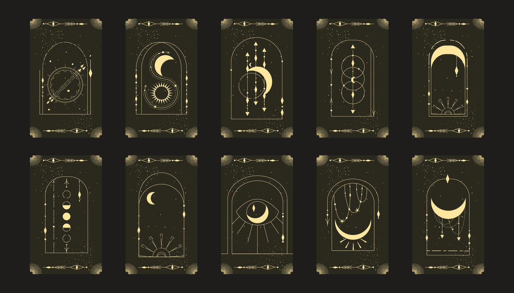 Tarot Karte einstellen mit Mystiker himmlisch rahmen. Boho esoterisch Tarot Karte mit Mond und rahmen. Illustration. heilig Geometrie himmlisch Bogen vektor