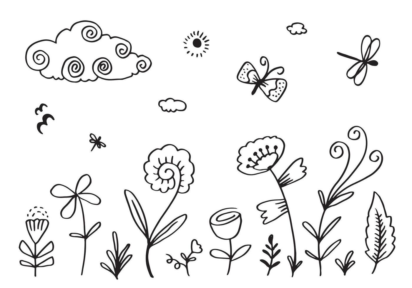 schwarz Silhouetten von Gras, Blumen und Kräuter mit Wolke, Libelle und Schmetterling isoliert auf Weiß Hintergrund. Hand gezeichnet skizzieren Blumen. vektor