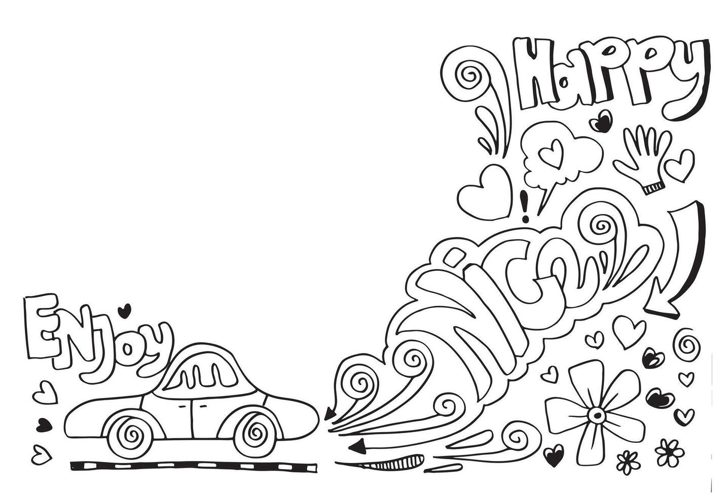 tecknad serie bil blåser uttömma rök med trevlig och Lycklig text. hand dragen skiss illustration. vektor