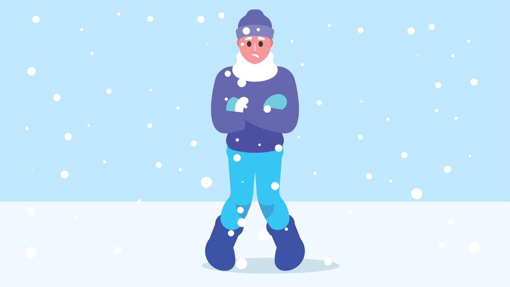 man stående och frysning i de snö med snöfall illustration vektor