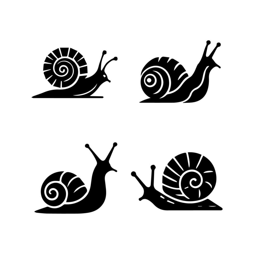 Schnecke Silhouette Symbol. Schnecke im Schale kriechen Piktogramm. Wendel langsam, süß Schnecke ziehen um. schleimig essbar Spiral- Weichtier Symbol Sammlung. Tierwelt Konzept. isoliert Illustration. vektor