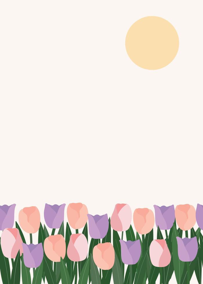 söt pastell tulpaner blommor ram med Sol bakgrund ritad för hand illustration för inbjudan hälsning födelsedag fest firande bröllop kort affisch baner textil- tapet papper slå in vektor